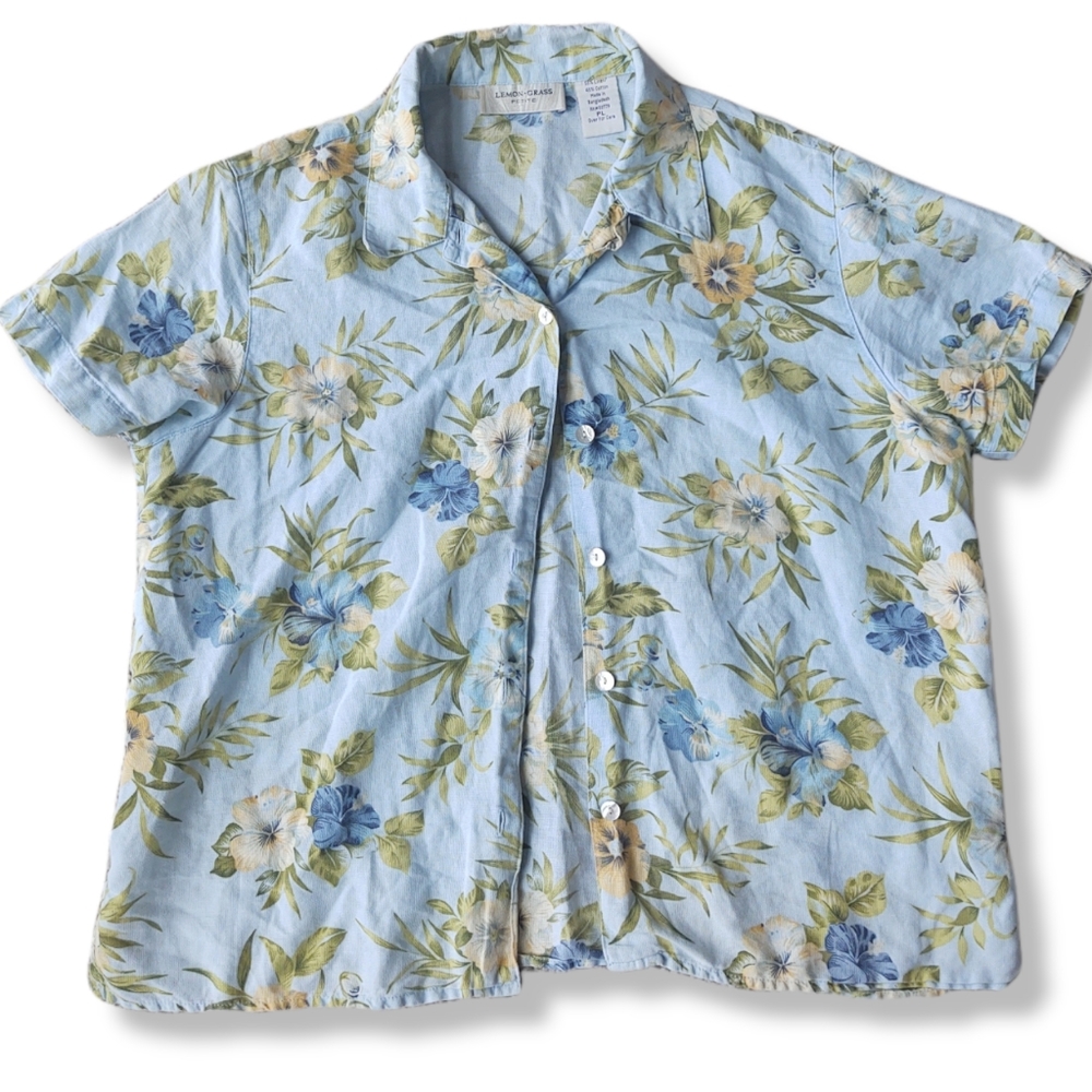 Blue Hawaiian Print Casual Button Down